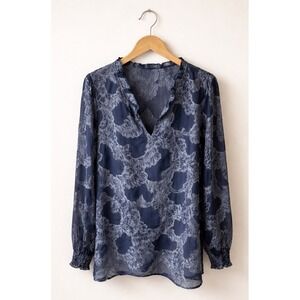 Ecru Silk Blend Burnout Blouse Women Large Blue Floral‎ Sheer Bohemian Festival